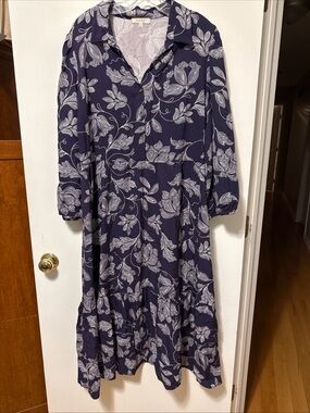 Angels Navy and White Floral Long-Sleeve Midi Dress